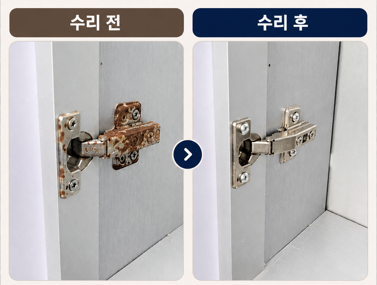 욕실 붙박이장 경첩 교체 전후 실제 수리 사진